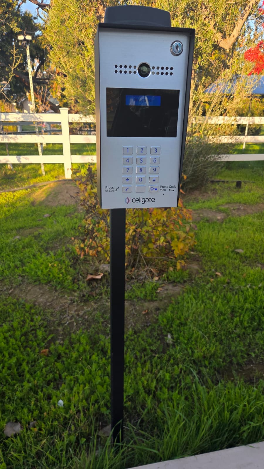 CellGate access control intercom and keypad installed at a Marin County driveway entrance